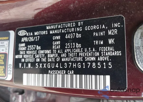 2017 Kia Optima Ex from USA, damaged, VIN 5XXGU4L37HG178515